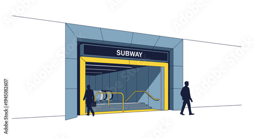 Modern Subway Entrance with People Entering and Exiting.