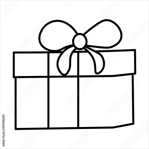 A simple black and white line drawing of a gift box with a bow on top, perfect for various design projects.