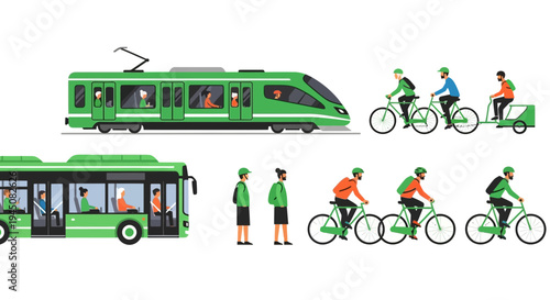 Foto Green Public Transportation and Cyclists Illustration for Eco-Friendly Commuting