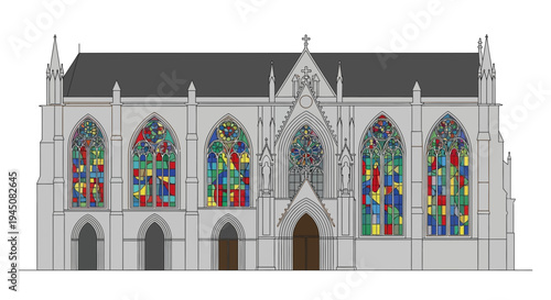 Gothic Church Facade with Stained Glass Windows.