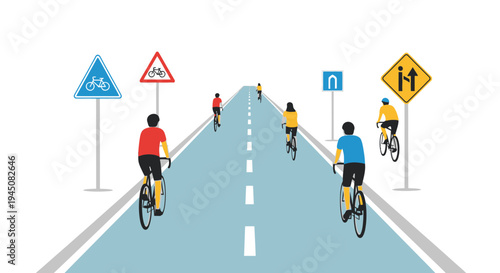 Cyclists riding on a road with traffic signs.