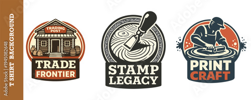 Vintage trade and craft logo collection featuring trading post frontier print stamp and pottery craft designs isolated