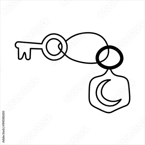 Minimalist continuous line drawing of a key connected to a crescent moon charm, symbolizing unlocking secrets or dreams.