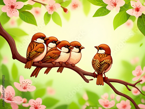 Three baby birds perched on a blossoming tree branch in a natural setting
