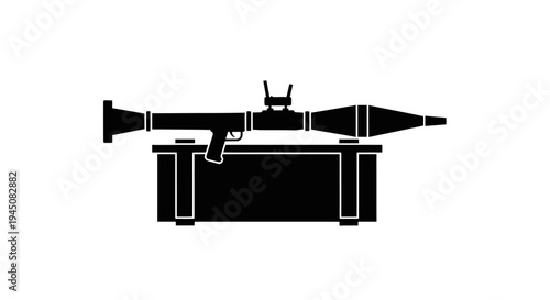 Black Silhouette of RPG Rocket Launcher on Stand, Military Weapon Icon