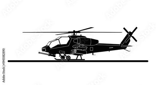 Black silhouette of an attack helicopter on a white background, military aviation, combat aircraft.