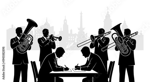 Business Meeting with Jazz Band Silhouette Background