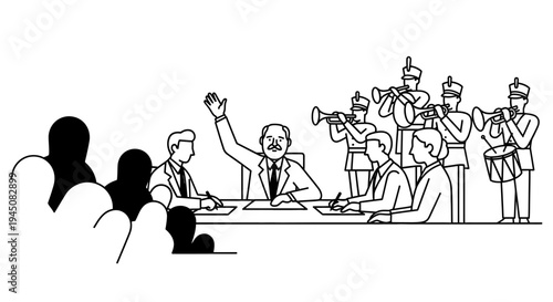 Business Meeting Success: Leader Celebrates with Trumpet Fanfare and Audience Applause