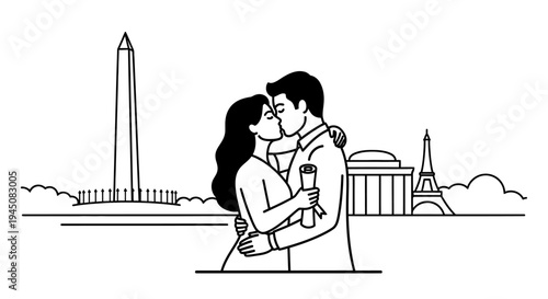 Couple Kissing with Iconic Landmarks: Washington Monument and Eiffel Tower