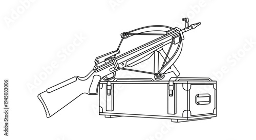 Crossbow Weapon with Ammunition Box Line Art Illustration