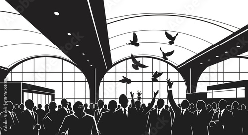 Crowd Releasing Doves of Peace in Modern Airport Terminal