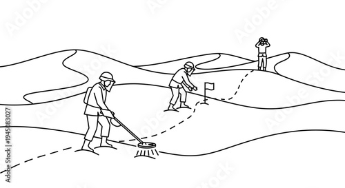 Desert Treasure Hunt: People with Metal Detector and Flag Searching for Lost Items