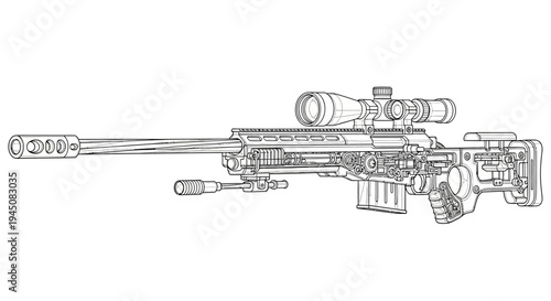 Detailed Blueprint Illustration of a Modern Sniper Rifle with Scope