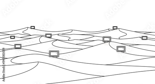 Digital Desert: Abstract Landscape of Screens on Sand Dunes