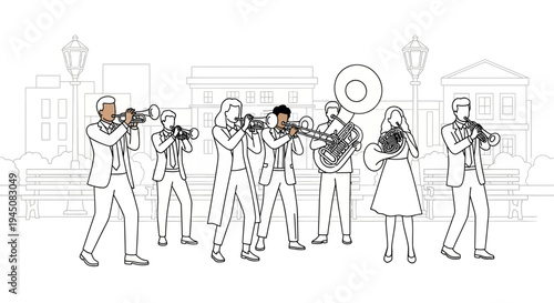 Diverse Jazz Band Performs Outdoors in a City Square with Buildings and Lamps