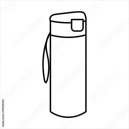 A simple black and white line drawing of a tall, slender thermos bottle with a flip-top lid and a carrying strap.
