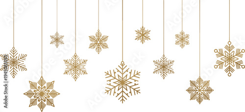 Golden snowflakes hanging decoration, festive winter ornament, elegant Christmas background, holiday season design, geometric snowflake art, white backdrop illustration