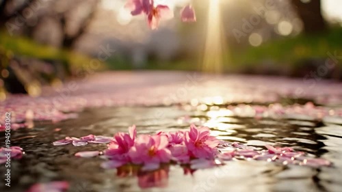 Pink cherry blossom petals falling on tranquil water surface