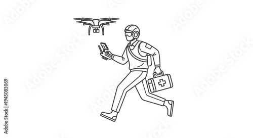 Drone operator with medical kit running, emergency response, aerial technology