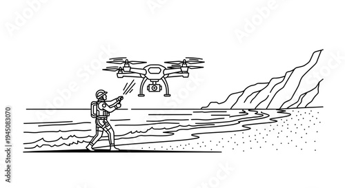 Drone surveillance on beach: person with camera aims at flying drone over sea