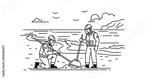 Environmental Cleanup Crew Digging on Beach Shoreline