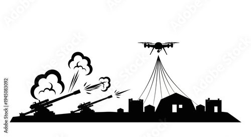 Drone Surveillance Over Battlefield with Artillery Fire and Military Camp