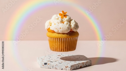 A colorful cupcake with white frosting and star on top with rainbow