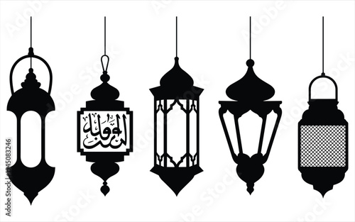 Five black lanterns hanging on strings islamic