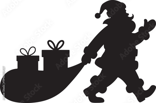 Black silhouette of santa claus pulling a sack of gifts
