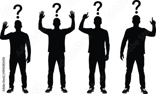 Man silhouette with question marks, thinking confused person gestures set, asking raising hands pointing concept, black vector isolated background