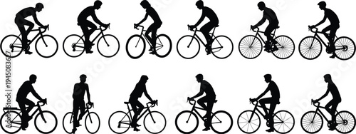 Array of Cyclist Silhouettes in Dynamic Poses on White Background cycling bicycle