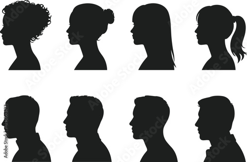 Collection of diverse male and female head silhouettes in profile view human face