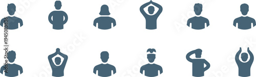 Collection of stylized human figures in various poses and yoga positions Keywords: silhouette, icon, person, figure, human, man