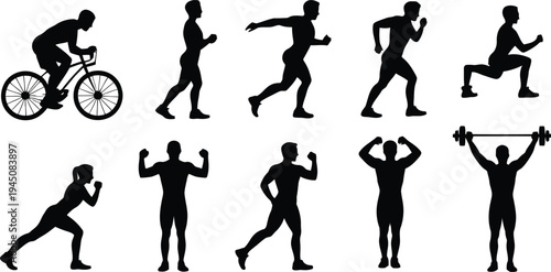 Black silhouette illustration of people including woman man girl and boy running jumping and doing exercise in active sport poses