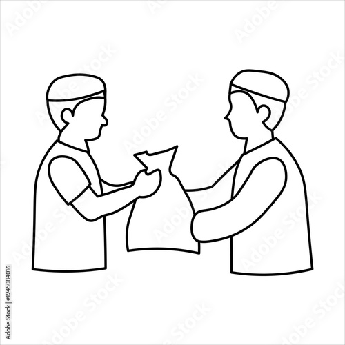 Outline illustration of two men exchanging a bag, symbolizing charity, giving, or receiving during a religious event.