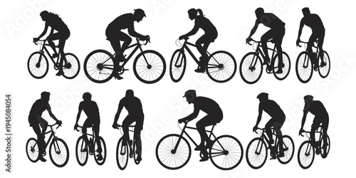 Diverse Silhouettes of Cyclists Riding Bicycles in Various Poses and Styles cycling