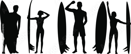 Five Silhouettes Of People With Surfboards On White Background surfer person