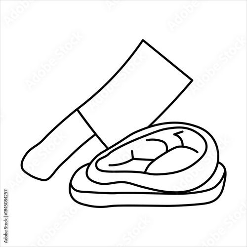 A black and white line drawing of a raw steak and a butcher's cleaver on a cutting board.