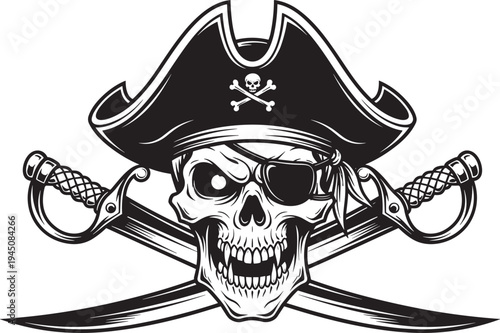 Classic pirate skull with eye patch, tricorn hat and bandana, crossed sabers, angry fierce grin, black and white vector for tattoo, logo, gaming, apparel, sticker