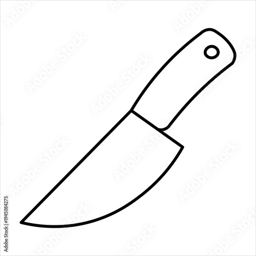 A simple black and white line drawing of a kitchen knife with a curved blade and a handle with a hole at the end.
