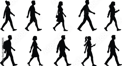 Walking people silhouette, group human figures illustration, pedestrian motion design, black figure art, posture and gait concept, white background