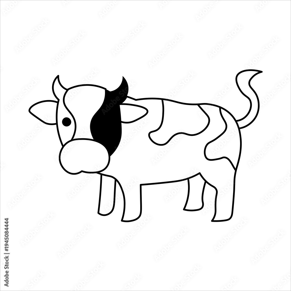 Fototapeta premium Simple black and white cartoon drawing of a cow with spots and horns, standing in a profile view.