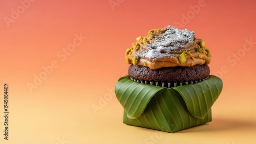A chocolate cupcake with white and yellow toppings on a green leaf