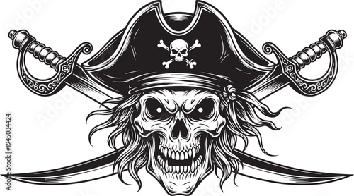 Fierce pirate skull in tricorn hat with crossed sabers, wild hair, angry eyes, black and white detailed vector for tattoo, logo, gaming, apparel, poster
