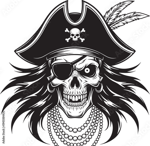 Fierce pirate skull with tricorn hat, feathers, eyepatch, sunglasses, long wild hair, pearl necklaces, black vector illustration for logo, tattoo, Halloween, adventure design
