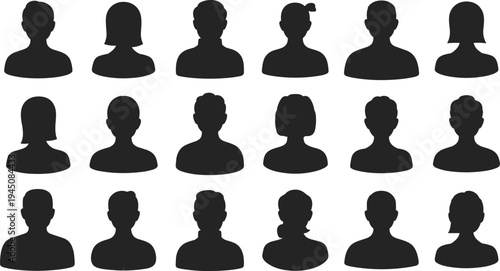 Set of Black Silhouette Avatars of Men and Women with Different Hairstyles profile person
