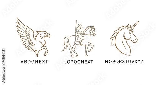 Line art illustrations of mythical creatures for creative design projects