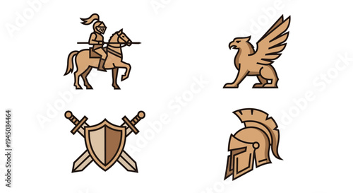 Medieval knights and heraldic symbols set against white background