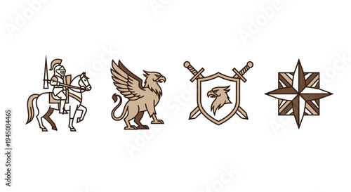 Collection of heraldic vector designs featuring knight griffin shield and compass