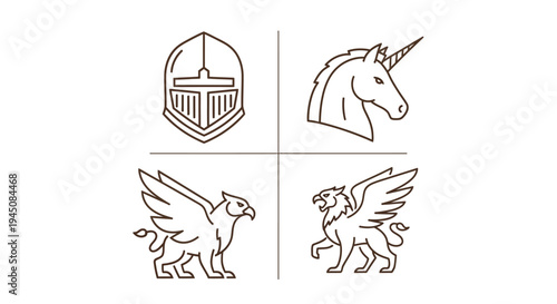 Line art illustrations of mythical creatures and helmet for design elements